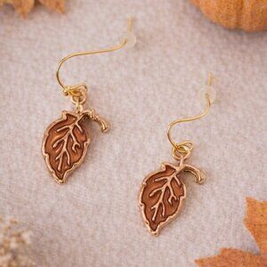 Fall Leaf Dangle Earrings Brown Enamel Gold Thanksgiving Autumn